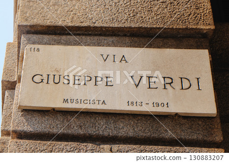 street honors Giuseppe Verdi in Milan, Italy street honors Giuseppe Verdi in Milan, Italy 130883207