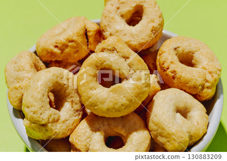 closeup of fennel taralli in a white bowl closeup of fennel taralli in a white bowl 130883209