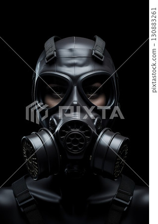 biohazard chemical mask on black background, gas protection suit for face 130883261