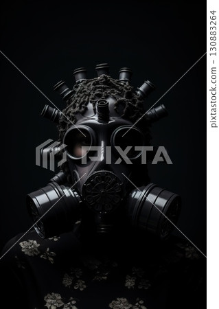 biohazard chemical mask on black background, gas protection suit for face 130883264
