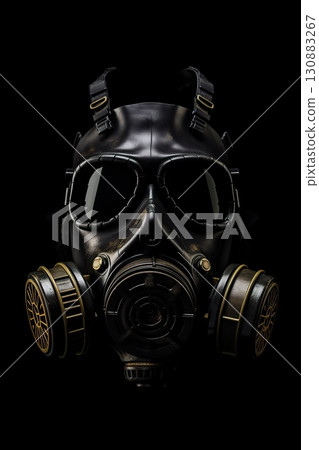 biohazard chemical mask on black background, gas protection suit for face 130883267