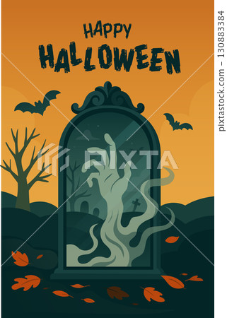 Ghostly zombie hand in mirror with Happy Halloween lettering on spooky graveyard background with orange sky and bats Ghostly zombie hand in mirror with Happy Halloween lettering on spooky graveyard background with orange sky and bats 130883384