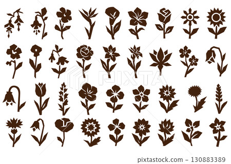 Variety of stylized flower silhouettes in angular minimalist vector style for floral design Variety of stylized flower silhouettes in angular minimalist vector style for floral design 130883389