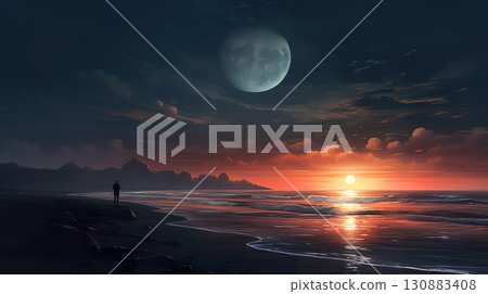 silhouette of person walking by beach at ocean at sunset 130883408