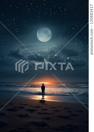 silhouette of person walking by beach at ocean at sunset silhouette of person walking by beach at ocean at sunset 130883417