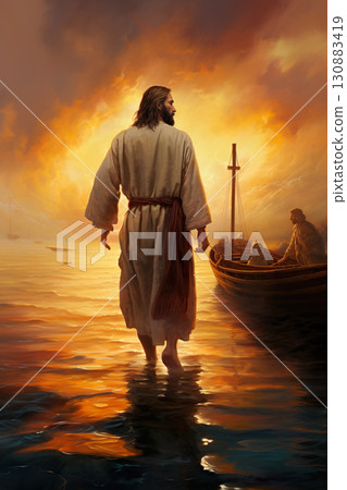 Jesus Christ walking by water at sea, faith and christianity concept Jesus Christ walking by water at sea, faith and christianity concept 130883419