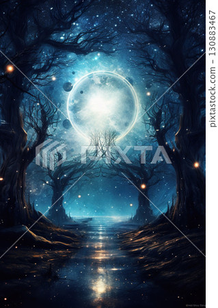 fantasy illustration of colorful forest and night sky with stars and nebulas 130883467