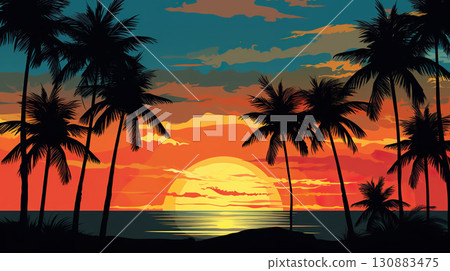 sunset at exotic tropical beach with palm trees and sea, colorful illustration in style of purple and orange nature 130883475