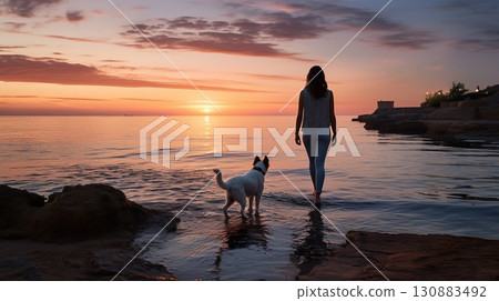 person walking with dog at beach at sunset, woman play with pet at nature, silhouette of female and animal playing 130883492