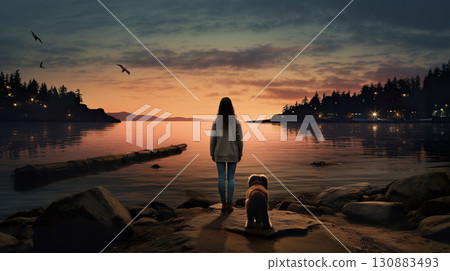 person walking with dog at beach at sunset, woman play with pet at nature, silhouette of female and animal playing 130883493