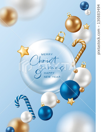 3D Christmas decoration balls and candy canes, Christmas blue background vertical advertising poster flyer material picture 130883494