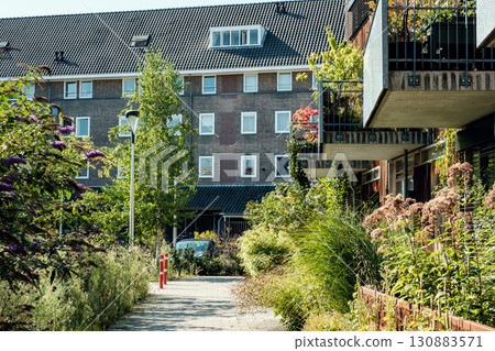 Urban pathway surrounded by lush greenery and modern architecture in a vibrant residential area 130883571
