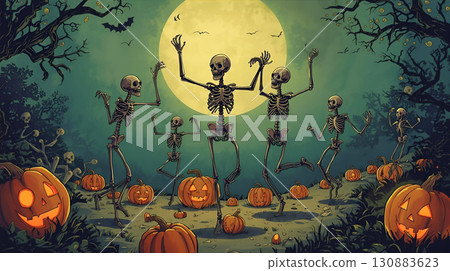 神秘的月夜,骷髏拿著萬聖節南瓜快樂地跳舞 神秘的月夜,骷髏拿著萬聖節南瓜快樂地跳舞 130883623