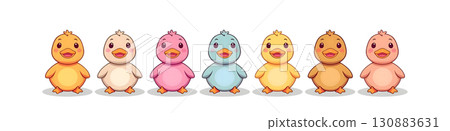一組白色背景上可愛鴨子的彩色插圖 一組白色背景上可愛鴨子的彩色插圖 130883631