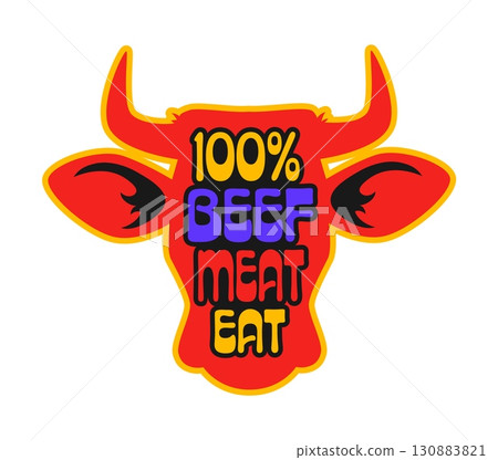 Barbeque steak, butchery store retro Y2K sticker or print. Beefsteak gourmet retro Y2K vector label, steakhouse beef BBQ patch. Barbeque meat tag with cow or bull head silhouette and typography 130883821