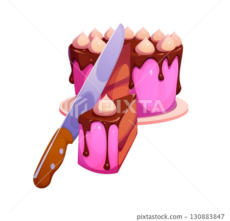 Cartoon chocolate cake with pink frosting and creamy topping and knife is slicing a piece cooking process. Isolated vector delicious festive dessert, bakery cook food, and party celebration Cartoon chocolate cake with pink frosting and creamy topping and knife is slicing a piece cooking process. Isolated vector delicious festive dessert, bakery cook food, and party celebration 130883847