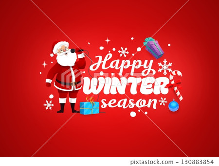 Christmas quote happy winter season with Santa singing in microphone, vector greeting card. Christmas quote for winter holiday or New Year with happy Santa, gifts and snowflakes with candy cane 130883854