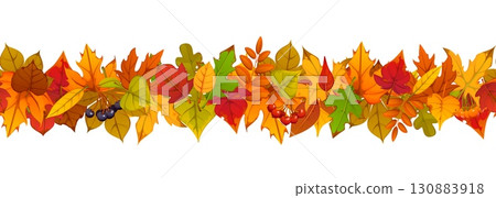 Autumn fall border divider with orange, red, and yellow maple, oak and rowan leaves foliage and berries. Cozy seasonal fall garland frame. Vector seasonal banner for thanksgiving or harvest holiday 130883918