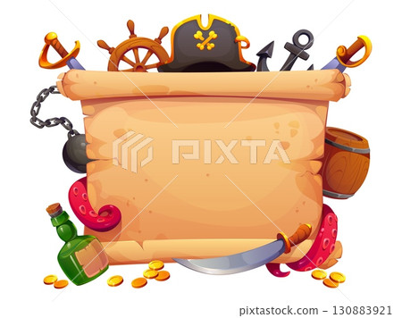 Vintage scroll parchment with pirate hat, sabres, ship anchor and steering wheel, rum bottle, golden coins, barrel and octopus tentacles. Blank cartoon vector template for invitations or treasure maps 130883921