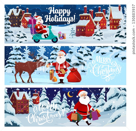 Christmas banners, Santa on scooter with gifts bag and deer for winter holiday, cartoon vector. Merry Christmas greeting banners, Santa with shopping bags and funny reindeer in night village town 130883937