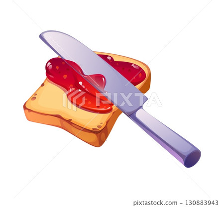 Cartoon slice of toast with strawberry jam being spread by a silver butter knife, featuring vibrant colors and glossy textures, representing cooking process, cook food and kitchen utensil Cartoon slice of toast with strawberry jam being spread by a silver butter knife, featuring vibrant colors and glossy textures, representing cooking process, cook food and kitchen utensil 130883943