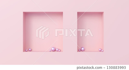 Pink wall 3d niches, shelves or showcases, vector room interior and product display stand. 3d realistic square and rectangular shape wall niches with pink spheres, studio or show room background Pink wall 3d niches, shelves or showcases, vector room interior and product display stand. 3d realistic square and rectangular shape wall niches with pink spheres, studio or show room background 130883993