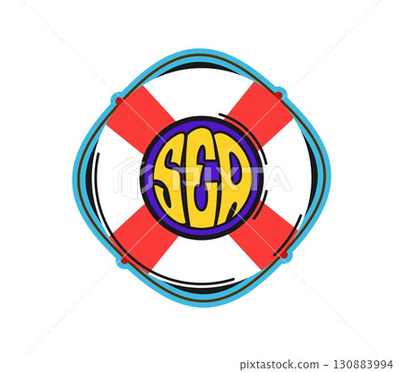 Pirate nautical retro Y2K sticker or label. Filibuster nautical retro sticker, piracy and marine 60s Y2K vector patch. Pirate treasure hunting tag or label with lifebuoy and retro typography 130883994