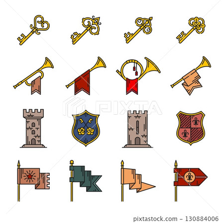 Horn and castle key fortress color heraldry line icons. Medieval linear signs set featuring vintage keys, trumpets with banners, shields and flags. Knight or historical symbols for fantasy games Horn and castle key fortress color heraldry line icons. Medieval linear signs set featuring vintage keys, trumpets with banners, shields and flags. Knight or historical symbols for fantasy games 130884006