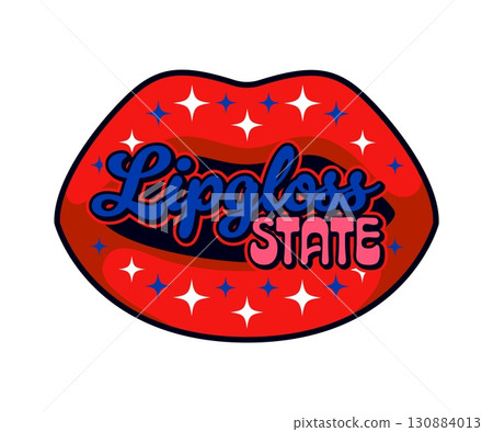 USA lipgloss state retro Y2K sticker or tag. American culture retro vector tag, USA country vintage Y2K sticker. United States of America label with woman glossy lips and handwritten typography 130884013