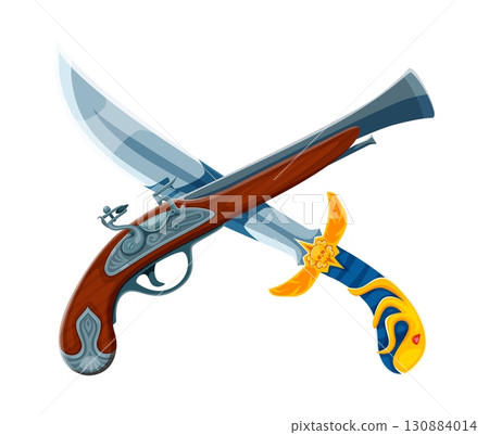 Cartoon flintlock pistol and ornate pirate sword crossed in battle ready pose. Vector Caribbean corsairs game icon, symbolic off fantasy adventure, treasure hunts and high seas battles 130884014