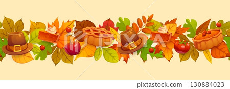 Autumn leaves Thanksgiving pie, pilgrim hat and harvest border frame. Cartoon vector horizontal banner with autumnal foliage, berries, seasonal apple fruits and vegetables for festive fall celebration Autumn leaves Thanksgiving pie, pilgrim hat and harvest border frame. Cartoon vector horizontal banner with autumnal foliage, berries, seasonal apple fruits and vegetables for festive fall celebration 130884023