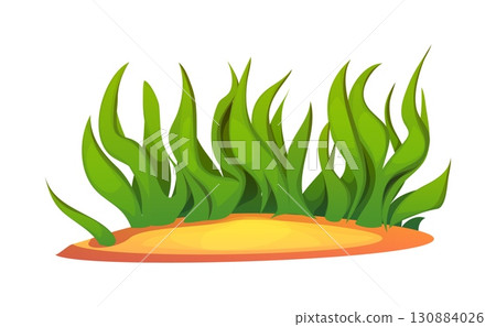 Underwater cartoon seaweed algae. Cartoon vector green grass bush growing from orange sandy seabed. Bright water vegetation for games, ocean landscape, aquatic environments, or playful marine life Underwater cartoon seaweed algae. Cartoon vector green grass bush growing from orange sandy seabed. Bright water vegetation for games, ocean landscape, aquatic environments, or playful marine life 130884026