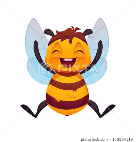 Cartoon honey bee character with raised arms and joyful happy expression featuring bright yellow and black stripes and translucent wings. Vector cheerful cute honeybee, animal mascot, insect personage 130884119