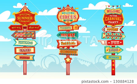 Circus and amusement park signboard, directional sign yard. Cartoon vector carnival signposts with retro typography, arrows, lights and banners directing to games, tickets, food, fun, and attractions 130884128