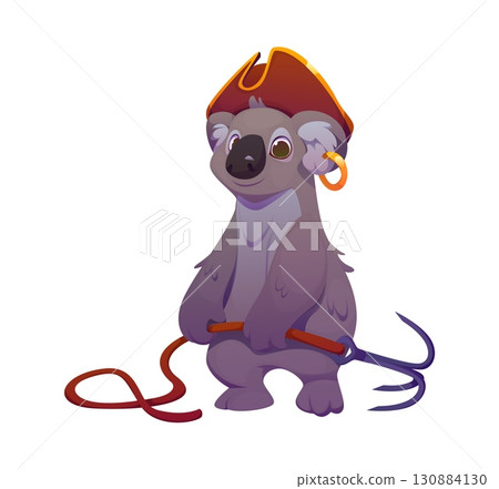 Cartoon koala animal pirate character. Isolated vector adorable corsair personage wearing tricorn hat and gold earring, holding a grappling hook with a playful expression, ready for fantasy adventure 130884130