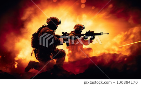 modern soldier with rifle taking combat on fire background, military special forces at war during battle, army infantry commando in silhouette 130884170