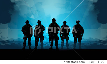 silhouette of military army platoon with weapon, infantry and commando team, special forces soldiers 130884172