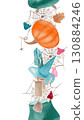 Watercolor seamless Halloween vertical border with witch cauldrons, broom, pumpkin, hat, crystals, potion, mushrooms, candles, cobweb. For invitations, cards, posters, and seasonal decor 130884246