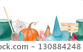 Watercolor Halloween seamless border with witch cauldrons, broom, pumpkin, hat, crystals, potion, mushrooms, candles, cobweb, and wooden sign. For invitations, cards, posters, and seasonal decor 130884248