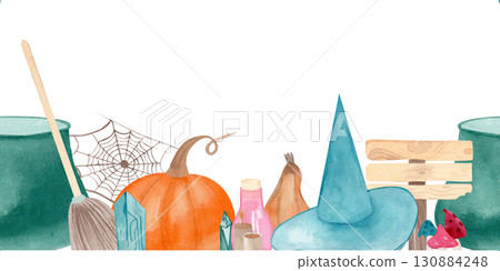 Watercolor Halloween seamless border with witch cauldrons, broom, pumpkin, hat, crystals, potion, mushrooms, candles, cobweb, and wooden sign. For invitations, cards, posters, and seasonal decor 130884248