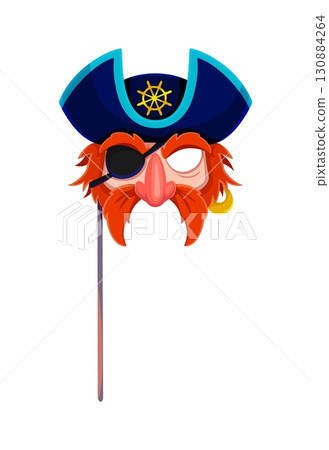 Caribbean pirate redhead face photo booth mask. Caribbean privateer sailor vector face mask. Kids photo booth pirate captain prop with red mustaches, eye patch and blue tricorn hat, golden earning 130884264