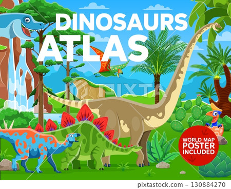 Prehistoric dinosaur characters atlas book cover. Paleontology science vector poster, prehistoric animal book cover or brochure with omeisaurus, stegosaurus, iguanodon characters in rainforest jungle 130884270