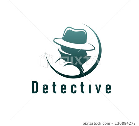 Private detective icon, crime police inspector, secret agent or spy. Vector emblem depicting mysterious silhouette in a fedora hat and trench coat, enclosed in a circular shape, symbolizes secrecy Private detective icon, crime police inspector, secret agent or spy. Vector emblem depicting mysterious silhouette in a fedora hat and trench coat, enclosed in a circular shape, symbolizes secrecy 130884272
