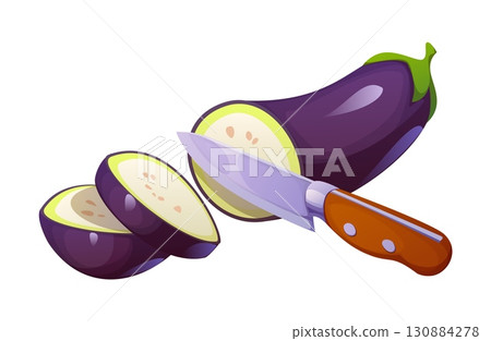 Cartoon kitchen knife slicing fresh eggplant isolated on white background. Vector cook food preparation and cooking process with sliced raw ripe vegetable and shiny sharp metal blade with brown handle 130884278