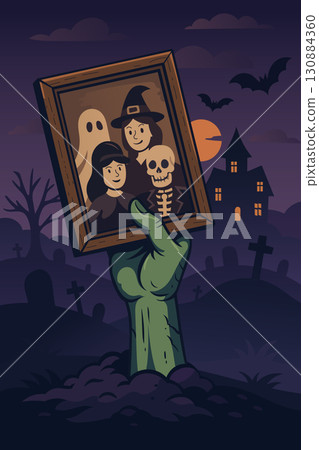 Zombie hand holding spooky family photo in creepy Halloween cemetery with haunted house, full moon 130884360
