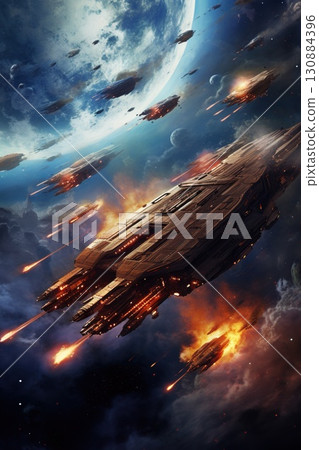 star fighters battle at open space, spacecraft combat at cosmos, futuristic science fiction 130884396
