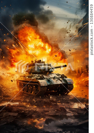 heavy modern armored tank fire at battlefield, war and battle concept heavy modern armored tank fire at battlefield, war and battle concept 130884459