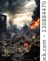 destroyed city after battle at war, demolished cityscape 130884470