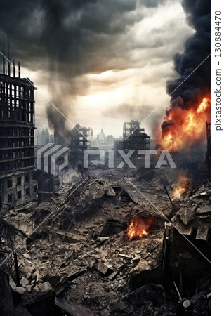 destroyed city after battle at war, demolished cityscape 130884470