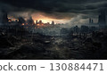destroyed city after battle at war, demolished cityscape 130884471